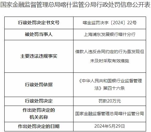 浦发银行喀什分行被罚 发现借款人违约未及时采取措施