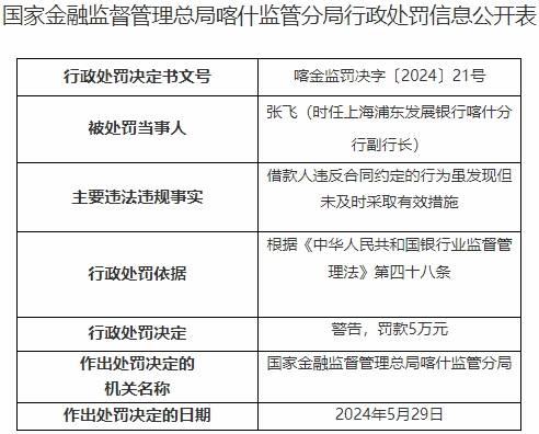 浦发银行喀什分行被罚 发现借款人违约未及时采取措施