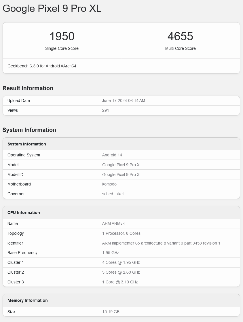 谷歌 Pixel 9 Pro XL 手机跑分曝光：Tensor G4 芯片 + 16GB 内存