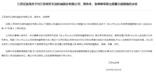 新三板公司政轩股份及其董事长周传本收到江苏证监局警示函，未按时披露2023年报，主办券商为开源证券  第1张