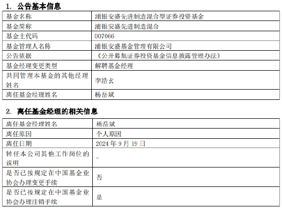 官宣！浦银安盛基金经理杨岳斌离任  第1张