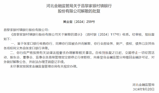 河北三家村镇银行获批解散 两家村镇银行将被吸收合并  第1张