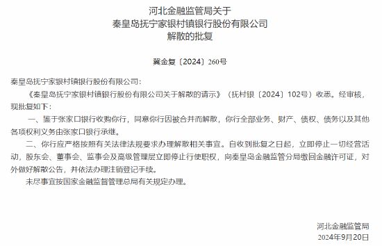 河北三家村镇银行获批解散 两家村镇银行将被吸收合并  第2张