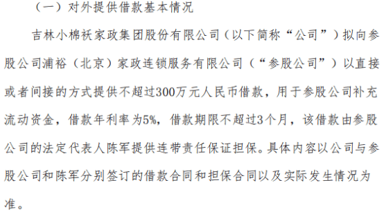 吉小棉袄拟向参股公司以直接或者间接的方式提供不超过300万的借款