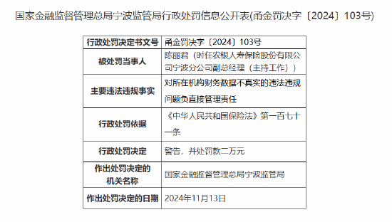 农银人寿宁波分公司因财务数据不真实被罚12万元  第2张